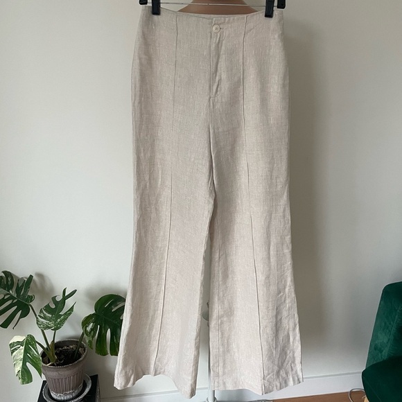 Reformation Silvie Linen Flared Wide Leg High Rise Oatmeal Beige Pants EUC Sz 4 - Picture 5 of 11